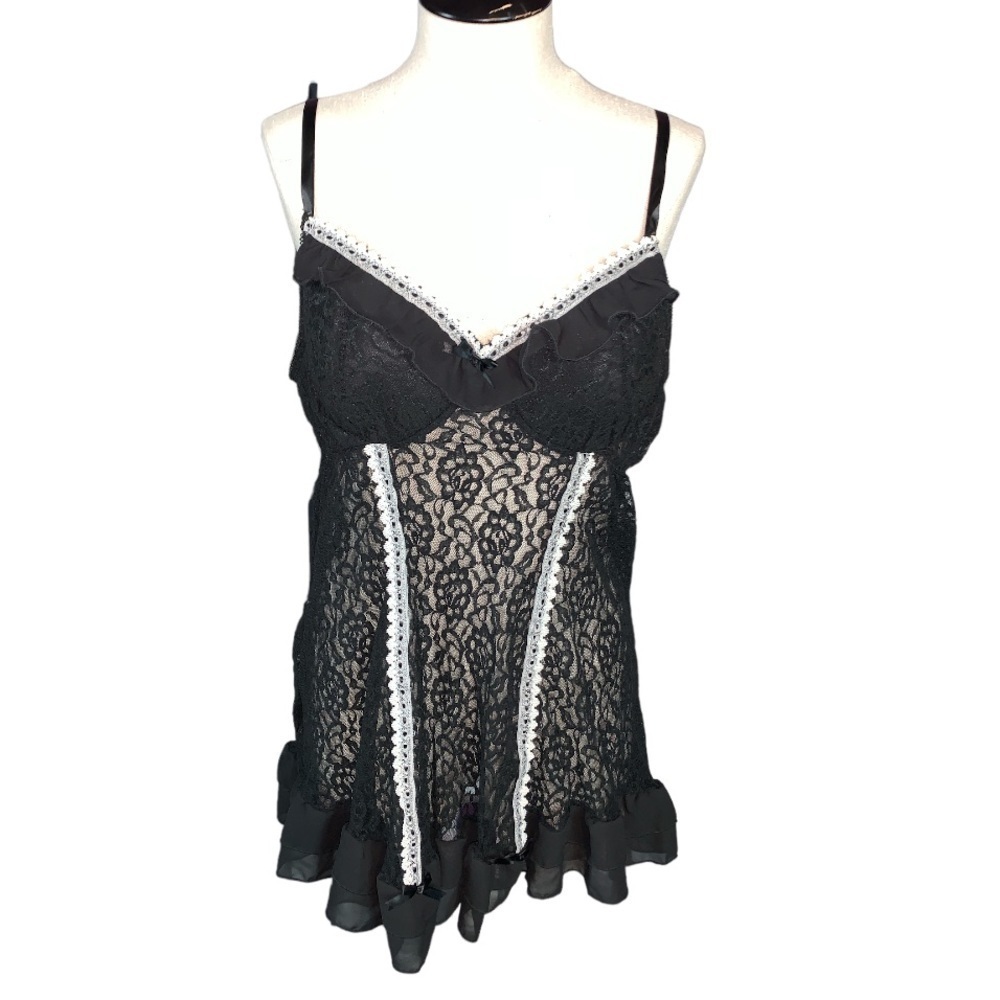 Movie star black lingerie large white lace trim adjustable teddie sexy corset
